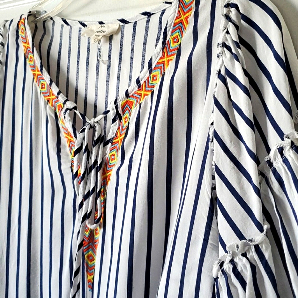 Entro Blue White Stripe Flutter Sleeve Tassel Tie Boho Blouse Top Size S/M - Picture 2 of 6